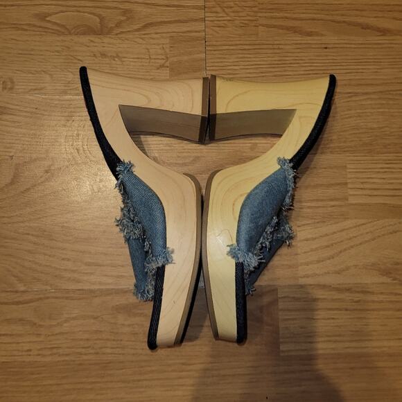 Vintage Womens 90s Y2K Denim Sandals Wood Wedge 4" Heels Size 8 Splash - Picture 7 of 10